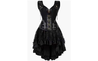 Steampunk Faux Leather Shoulder Strap Corset with Lace Skirt